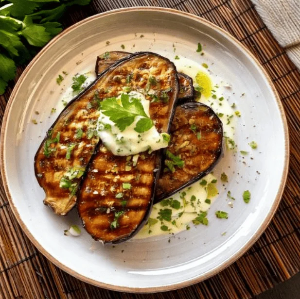 Side Dish Grilled Eggplant with Mint Yogurt Sauce