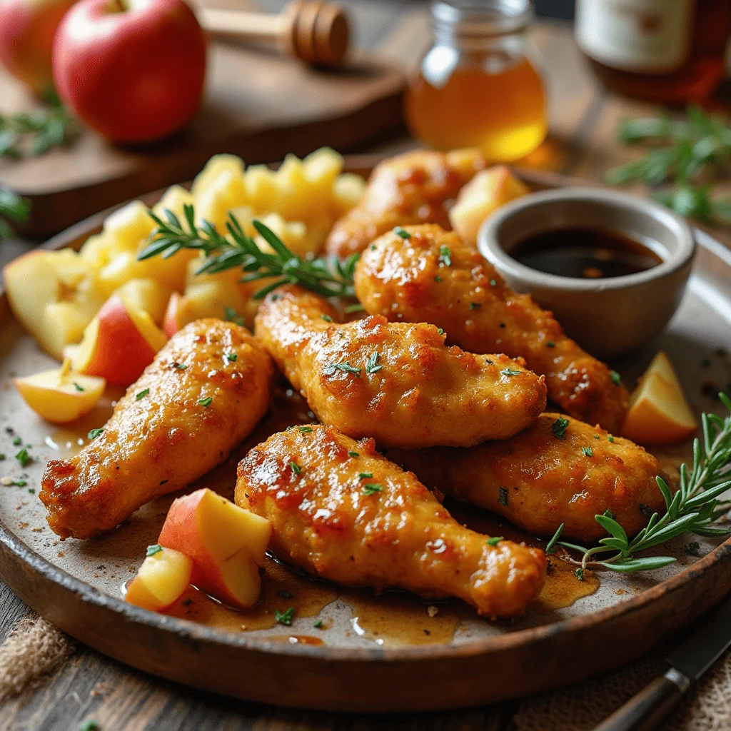 A plate of golden-brown apple and honey-glazed chicken tenders, glistening with a sweet and savory glaze, garnished with fresh thyme and served alongside diced apples and a drizzle of honey, creating a warm and inviting presentation