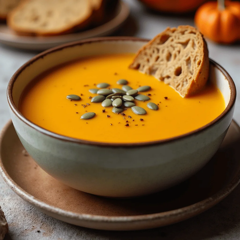 Bowl of autumn squash soup topped with pumpkin seeds and a slice of rustic bread