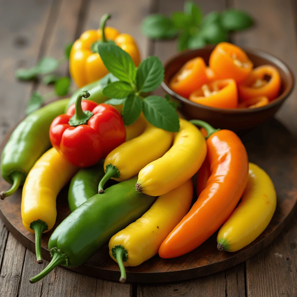 Fresh banana peppers in various stages of ripeness on a rustic wooden table, with sliced peppers and pickled banana peppers in a bowl