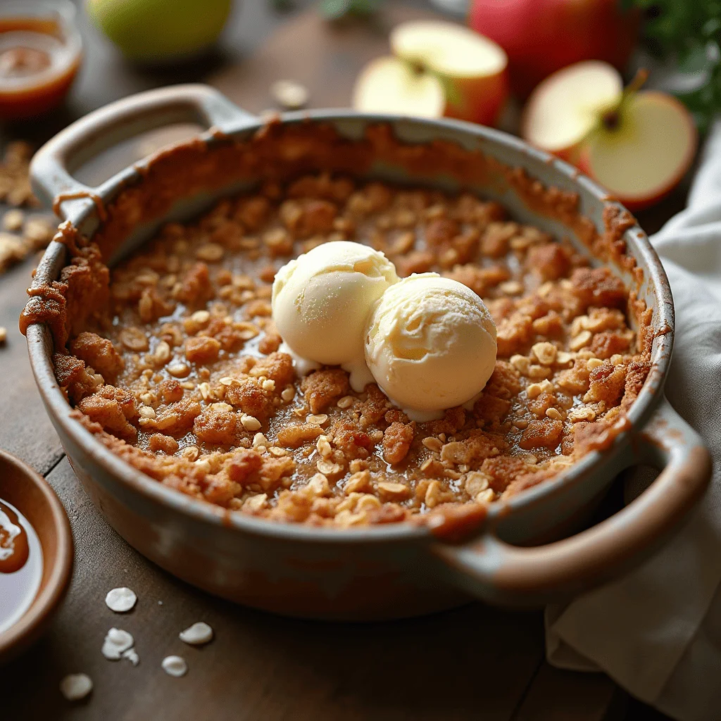 Freshly baked Caramel Apple Betty in a rustic dish, topped with golden-brown crumbly oats and drizzled with caramel sauce, accompanied by sliced apples and a scoop of vanilla ice cream.