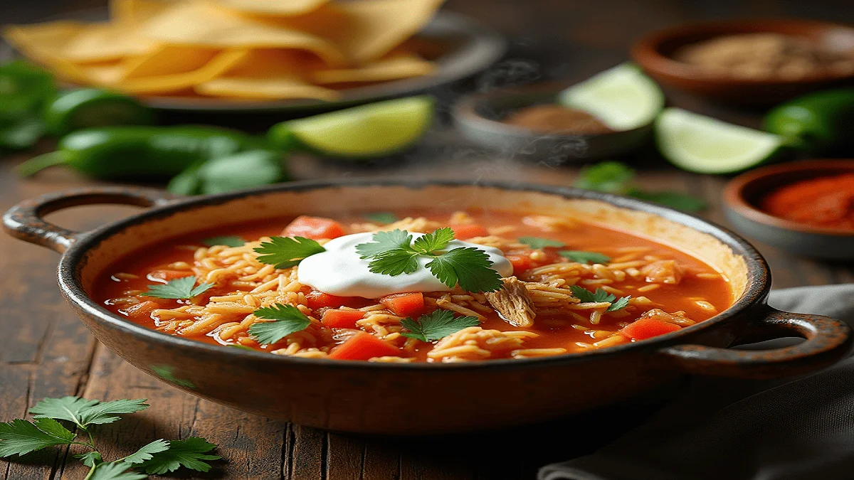 A bowl of spicy chicken soup with rice, featuring tender shredded chicken, fluffy rice, diced tomatoes, and a rich, spiced broth, garnished with fresh cilantro and lime wedges, placed on a rustic wooden table.