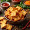 Bowl of Alabama Fire Crackers surrounded by spices, fresh herbs, cheese wedges, and dipping sauces on a rustic wooden background