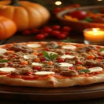 A Thanksgiving-themed pizza topped with roasted turkey, savory stuffing, cranberry sauce, and melted mozzarella cheese, set on a rustic wooden table surrounded by pumpkins, fall leaves, and glowing candles.