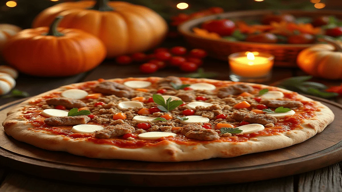 A Thanksgiving-themed pizza topped with roasted turkey, savory stuffing, cranberry sauce, and melted mozzarella cheese, set on a rustic wooden table surrounded by pumpkins, fall leaves, and glowing candles.