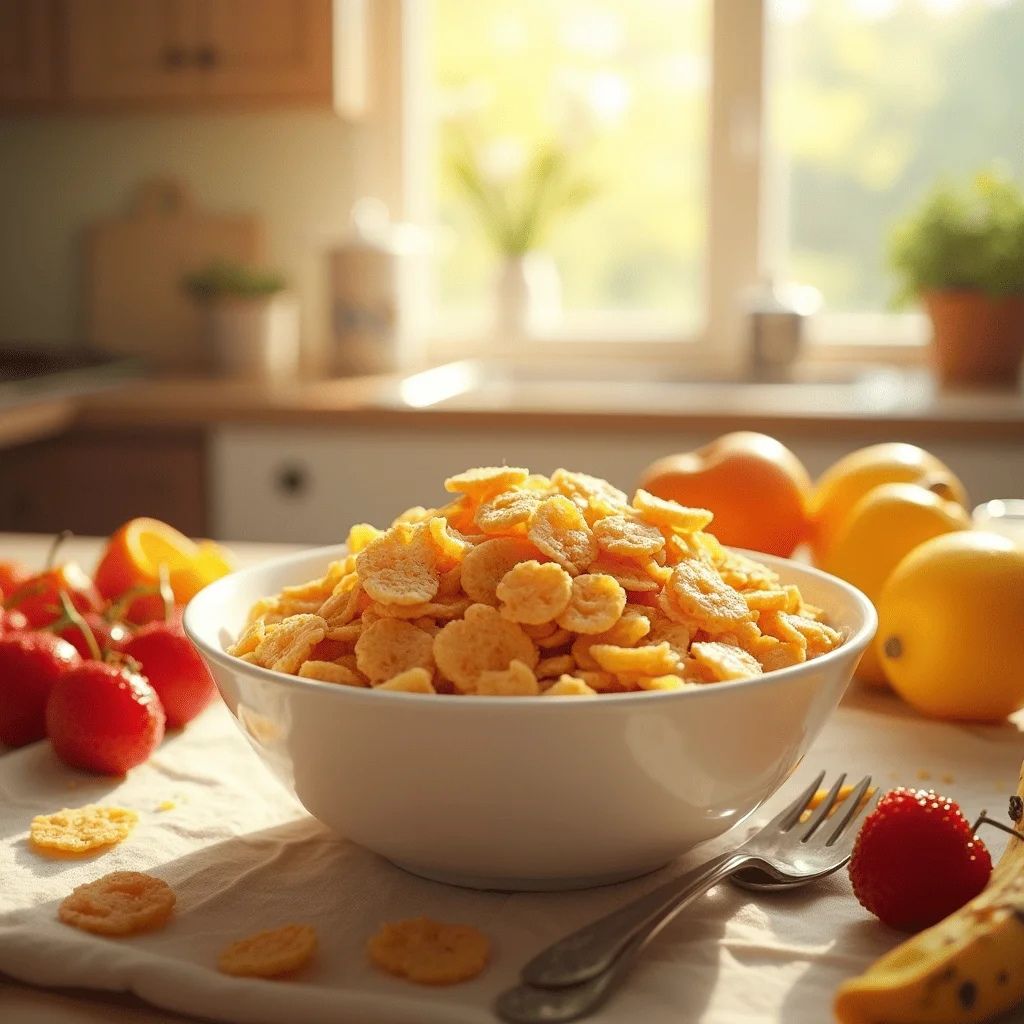 Bowl of Frosted Flakes with milk, topped with fresh fruits, set in a sunny kitchen