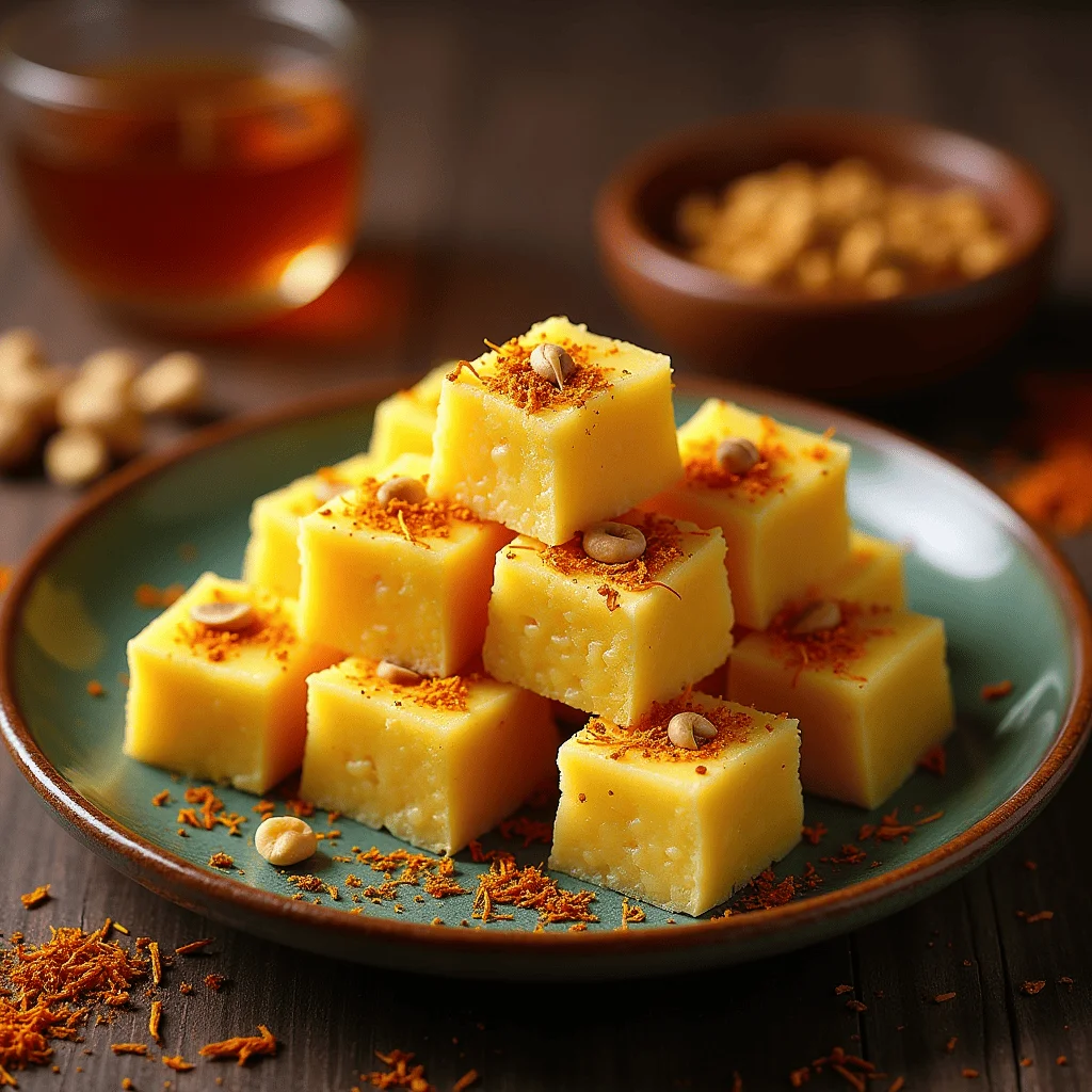 Plate of milk cake squares garnished with chopped nuts and saffron strands, accompanied by a cup of tea and spices on a rustic background