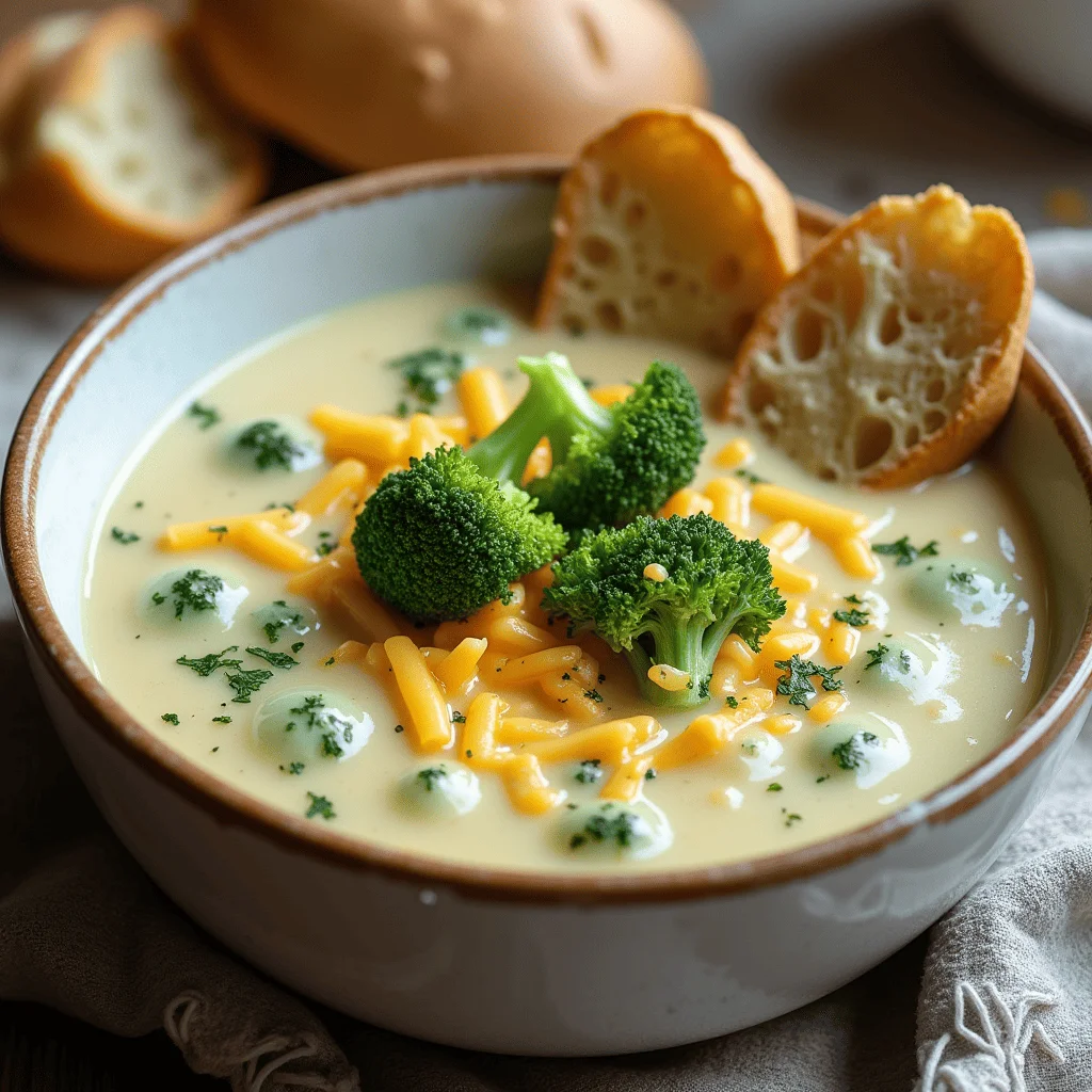 Bowl of creamy broccoli cheddar soup with fresh broccoli and a side of crusty baguette