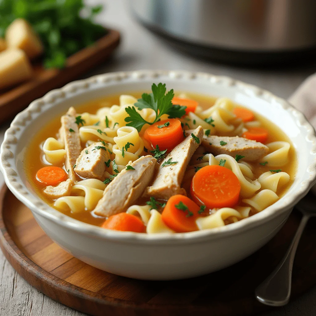 Bowl of chicken noodle soup with chicken, carrots, egg noodles, and parsley on top.