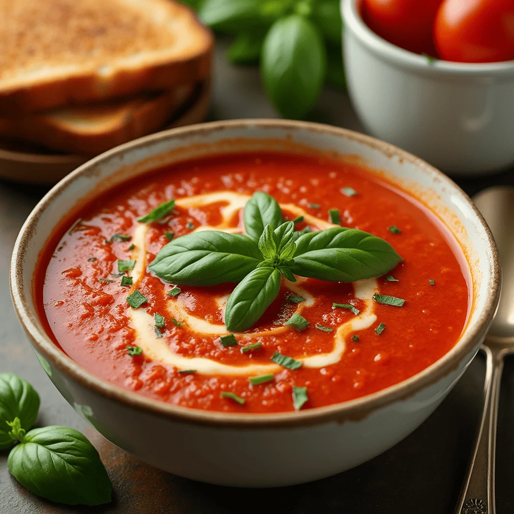 Bowl of tomato basil soup with fresh basil leaves and a grilled cheese sandwich