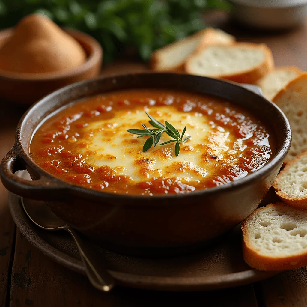 Bowl of French onion soup topped with melted cheese and crusty bread