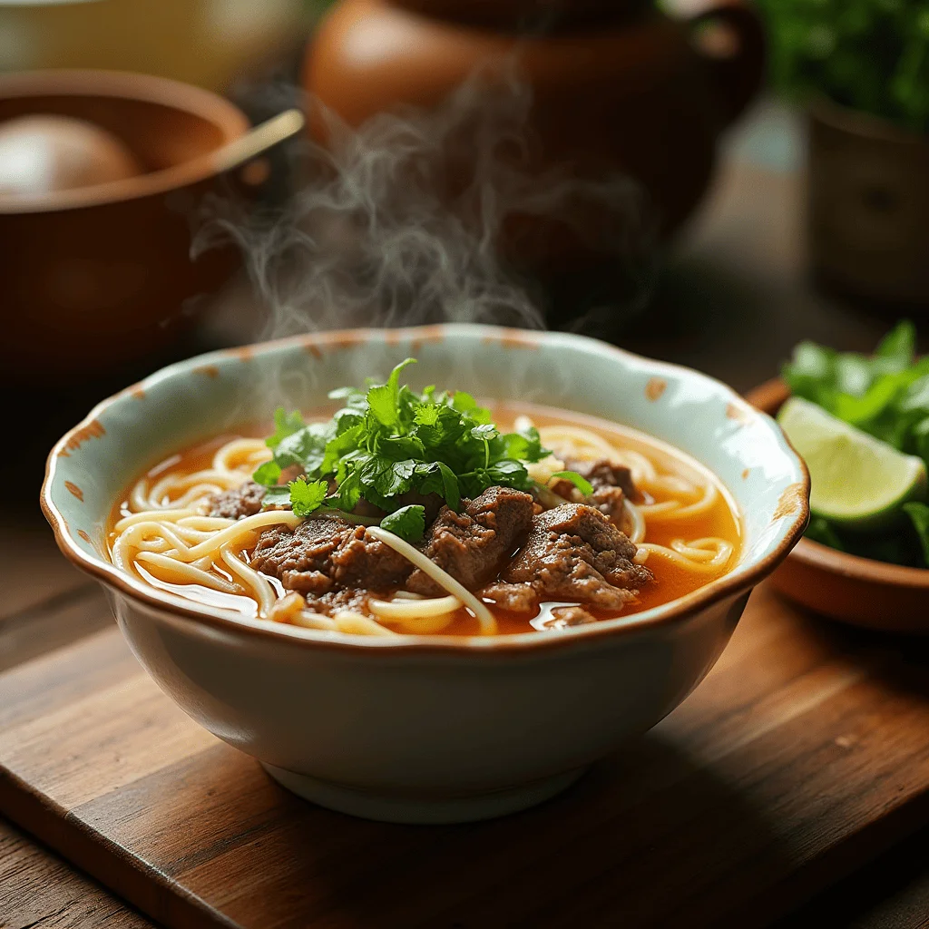 Delicious bowl of traditional pho with beef, rice noodles, and fresh herbs, garnished with lime and bean sprouts