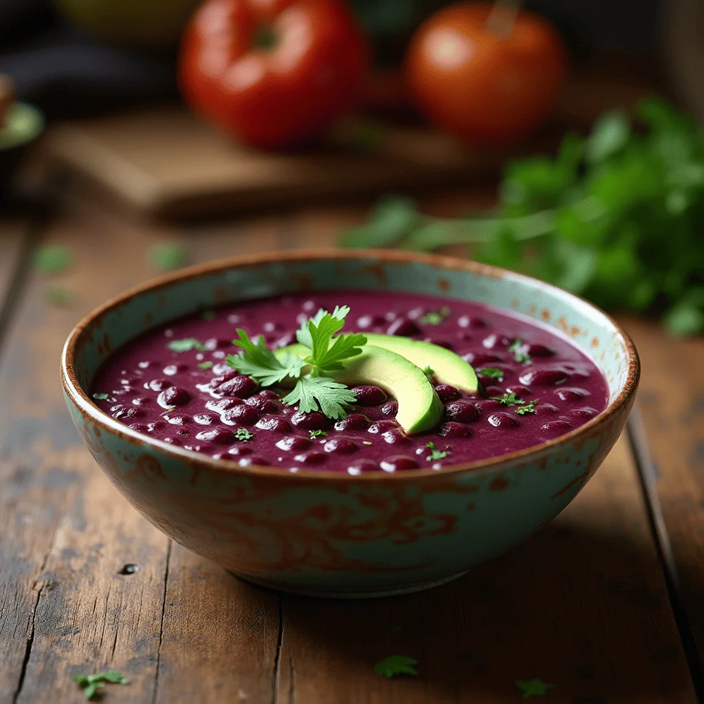 Delicious purple black bean soup garnished with fresh cilantro and avocado slices, served in a rustic bowl.