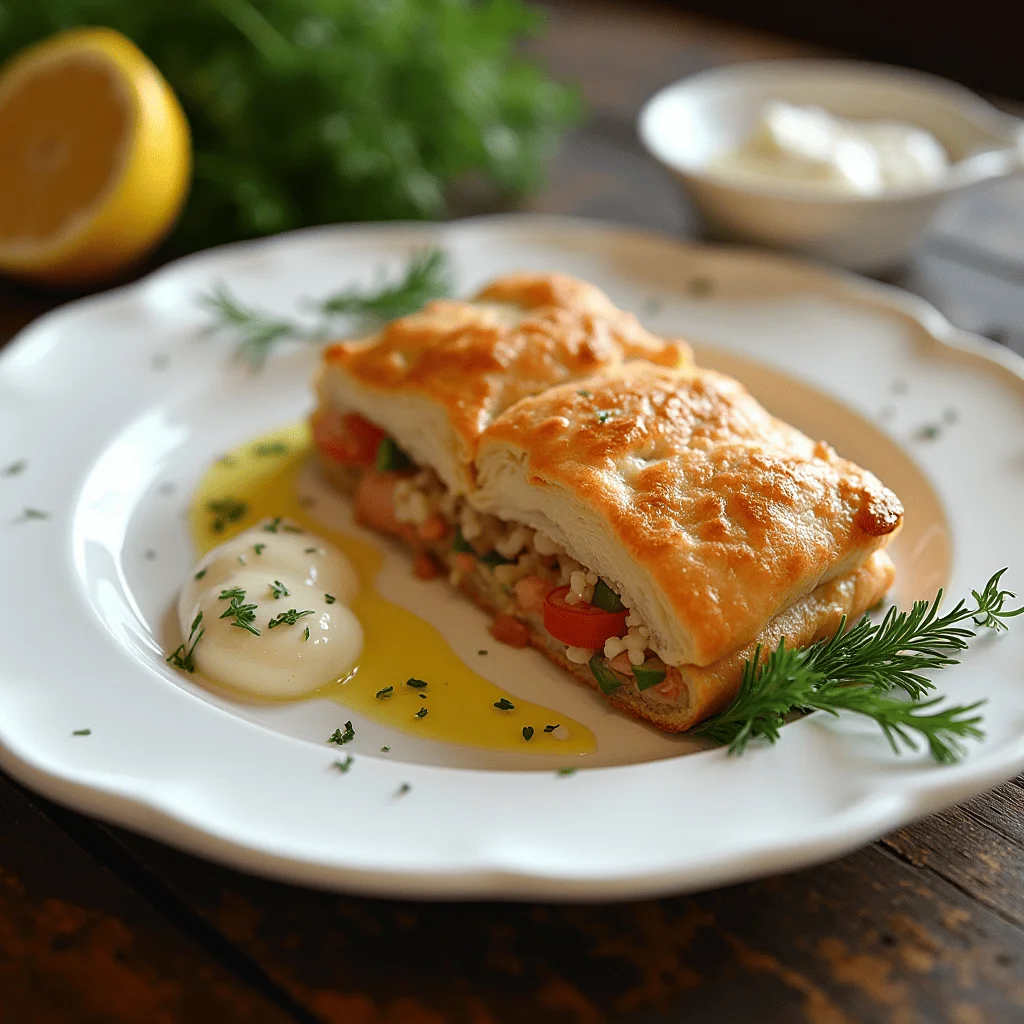 Salmon Coulibiac with Herby Horseradish Cream