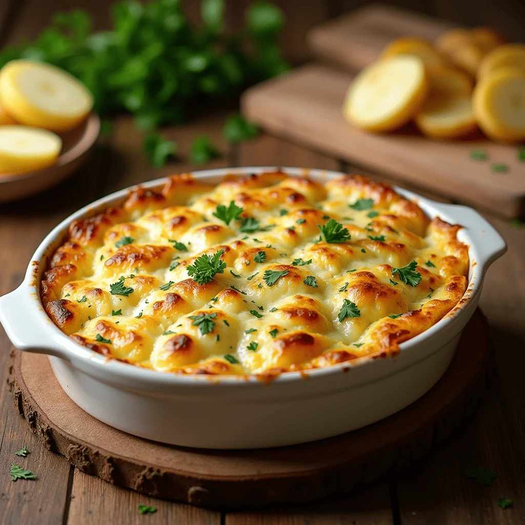 Golden-baked scalloped potatoes topped with melted cheese and fresh parsley, served in a rustic dish on a wooden table