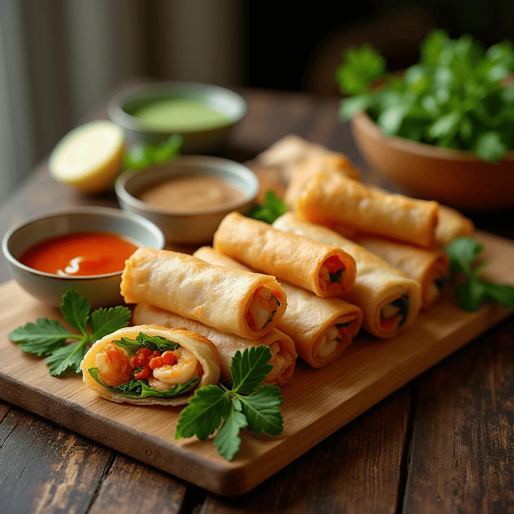 Golden-brown spring rolls on a wooden platter with colorful fillings, accompanied by small bowls of sweet chili and peanut sauce, garnished with fresh cilantro and mint leaves