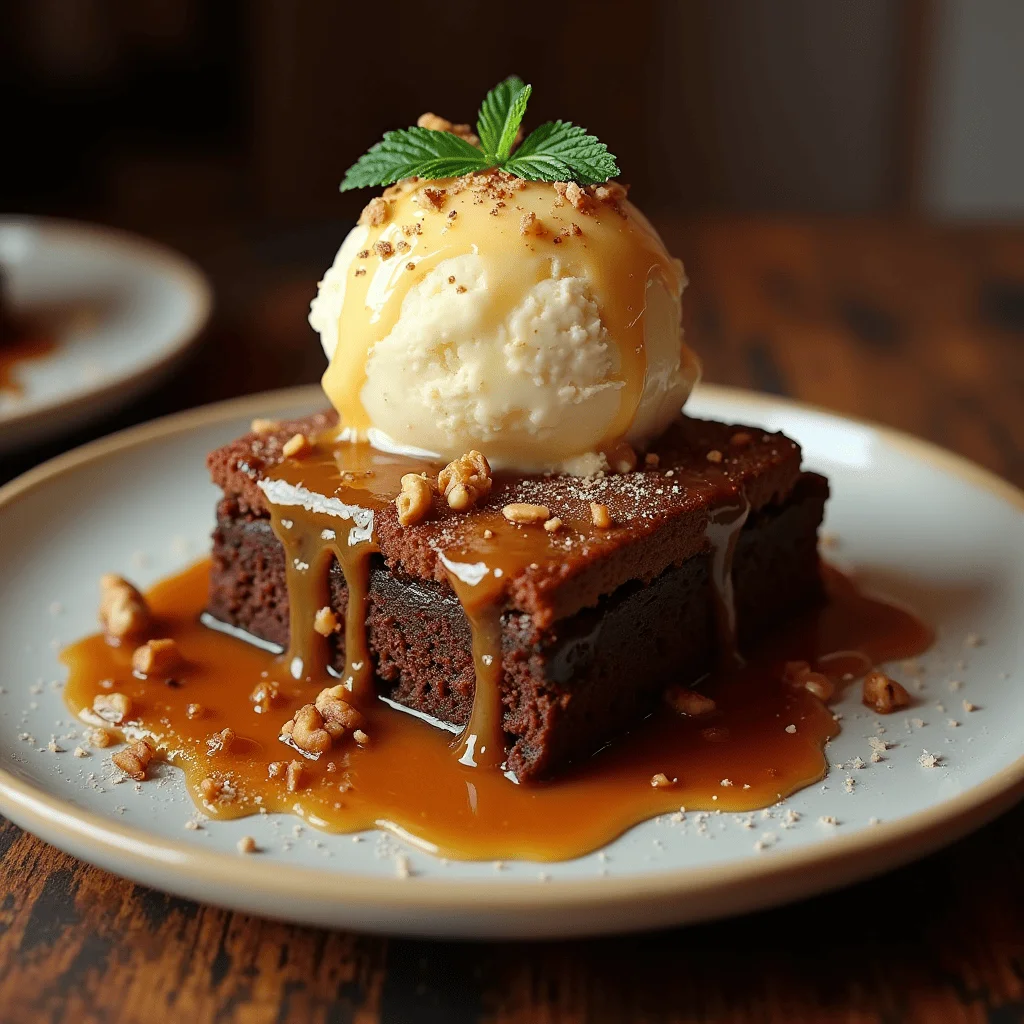 Warm sticky toffee pudding served on a rich brownie base, drizzled with toffee sauce and topped with vanilla ice cream and chopped nuts.