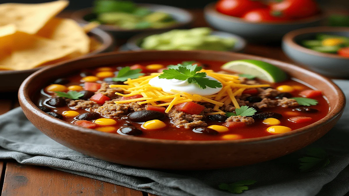 A bowl of hearty taco soup featuring ground beef, black beans, corn, and diced tomatoes, garnished with shredded cheese, sour cream, and fresh cilantro, surrounded by tortilla chips, lime wedges, and topping bowls