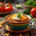 Vibrant bowl of taco soup topped with Fritos, shredded cheese, and sour cream, surrounded by fresh ingredients like tomatoes, beans, and peppers on a rustic wooden table