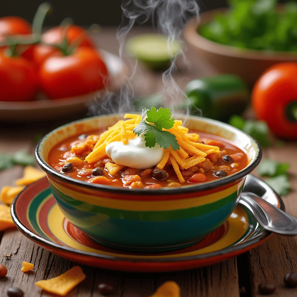 Vibrant bowl of taco soup topped with Fritos, shredded cheese, and sour cream, surrounded by fresh ingredients like tomatoes, beans, and peppers on a rustic wooden table