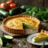 Freshly baked zucchini pie with a golden crust, sliced to reveal moist filling, surrounded by fresh zucchinis and herbs