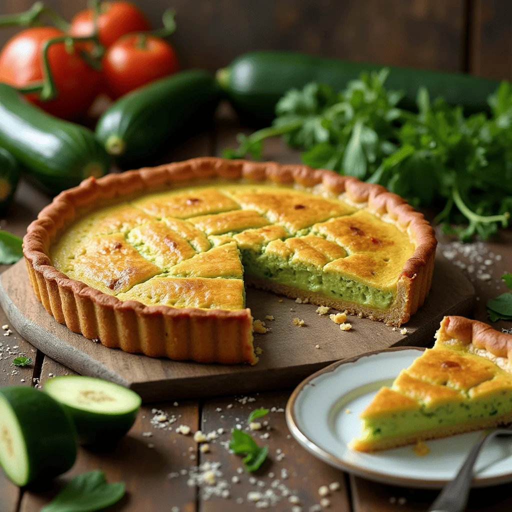 Freshly baked zucchini pie with a golden crust, sliced to reveal moist filling, surrounded by fresh zucchinis and herbs