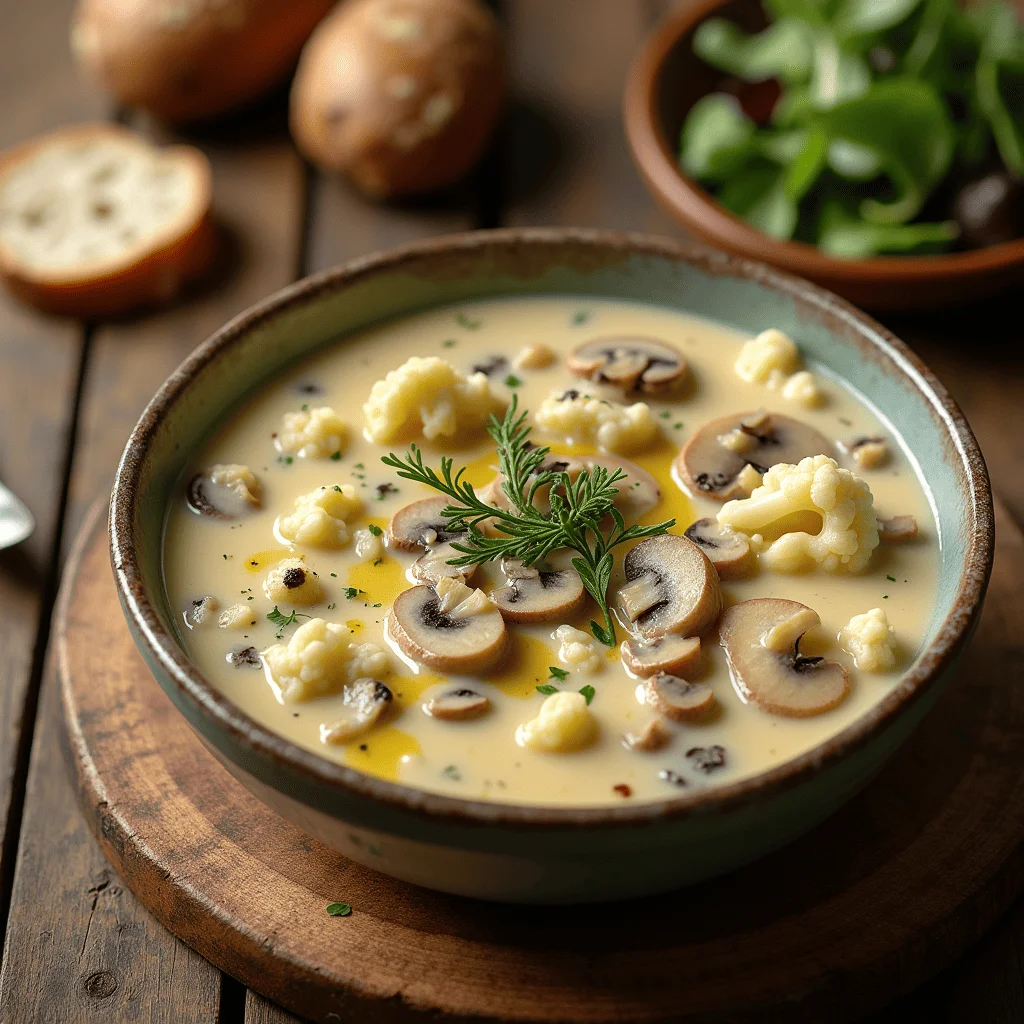 Bowl of creamy cauliflower mushroom soup garnished with fresh herbs and a drizzle of olive oil, served with crusty bread on a rustic wooden table