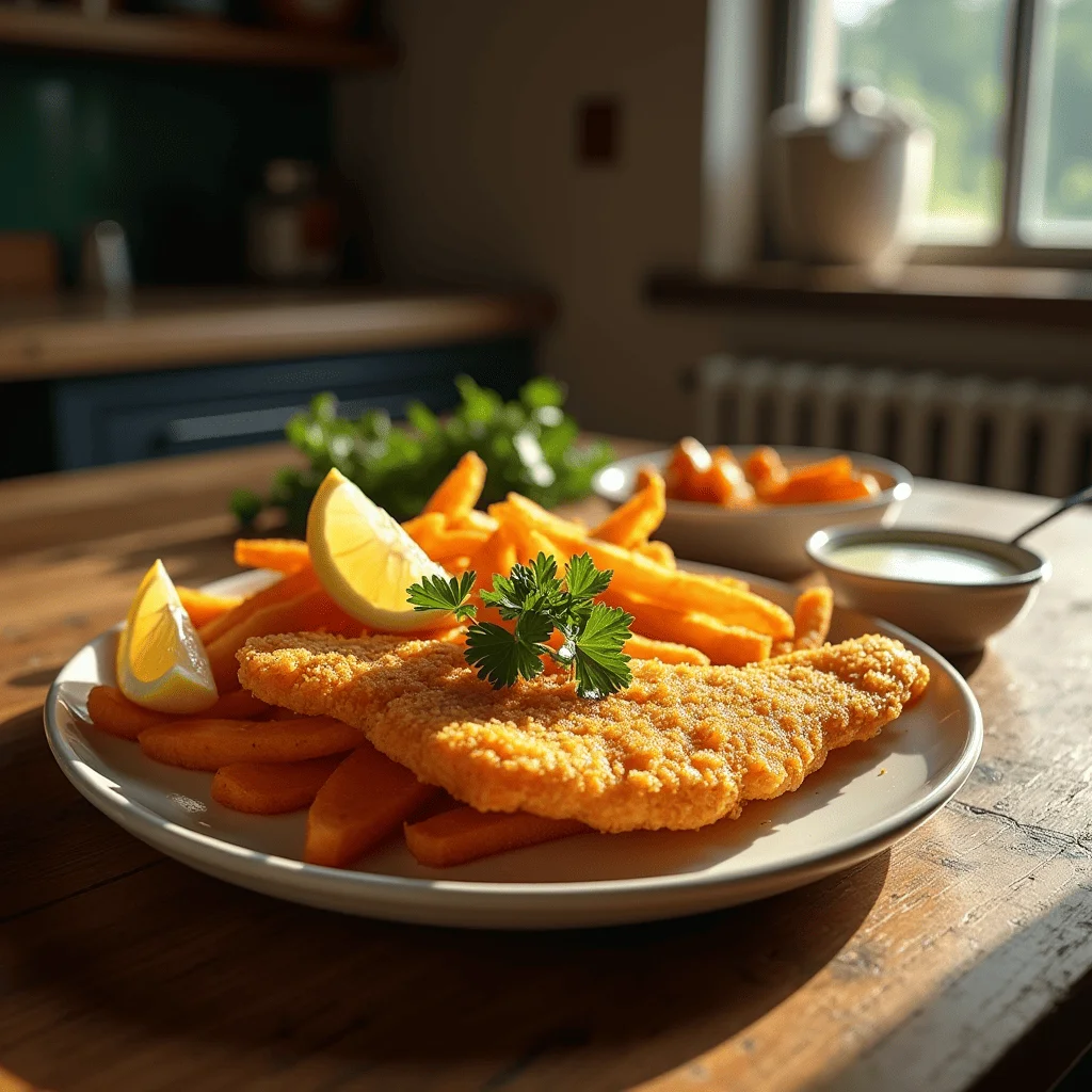 A vibrant and mouthwatering plate of lectin-free fish and chips. The fish fillets are coated in a crispy, golden cassava batter, paired with perfectly fried sweet potato fries